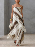 Load image into Gallery viewer, Women's White Striped Maxi Dress Strapless Draped Asymmetric Hem