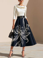 Load image into Gallery viewer, Women's Navy Floral Midi Skirt Full Pleated a Line Style