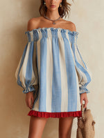 Load image into Gallery viewer, Women's Blue Striped Off Shoulder Mini Dress Puff Sleeve Ruffle Hem