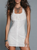 Load image into Gallery viewer, Women's White Mini Dress Scoop Neck Crochet Lace Trim Lace Up Front Flowing Boho Style
