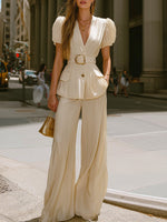 Load image into Gallery viewer, Women's Apricot Puff Sleeve Wide Leg Pants Set Belted Waist
