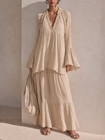 Load image into Gallery viewer, Women's Beige Maxi Dress V-Neck Bell Sleeve Tiered Ruffle
