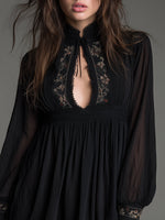 Load image into Gallery viewer, Women's Black Mini Dress High Neck Keyhole Sheer Balloon Sleeve Flowing Babydoll Style