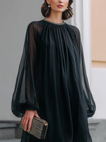 Load image into Gallery viewer, Women's Black Chiffon Mini Dress Balloon Sleeve Embellished Neck Flowing Style