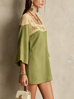 Load image into Gallery viewer, Women's Green Mini Dress Square Neck Embroidered Bell Sleeve