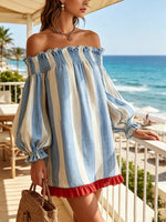 Load image into Gallery viewer, Women's Blue Striped Off Shoulder Mini Dress Puff Sleeve Ruffle Hem
