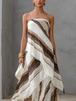 Load image into Gallery viewer, Women's White Striped Maxi Dress Strapless Draped Asymmetric Hem