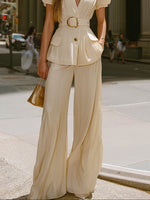 Load image into Gallery viewer, Women's Apricot Puff Sleeve Wide Leg Pants Set Belted Waist