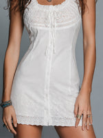 Load image into Gallery viewer, Women's White Mini Dress Scoop Neck Crochet Lace Trim Lace Up Front Flowing Boho Style