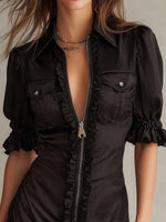 Load image into Gallery viewer, Women's Black Mini Dress Ruffle Trim Zip Front Party Style