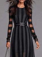 Load image into Gallery viewer, Women's Black Maxi Dress Round Neck Long Sleeve Sheer Stripe Belted Formal Style