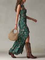 Load image into Gallery viewer, Women's Green Maxi Dress Boho Floral Sundress Style