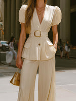 Load image into Gallery viewer, Women's Apricot Puff Sleeve Wide Leg Pants Set Belted Waist