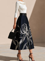 Load image into Gallery viewer, Women's Navy Floral Midi Skirt Full Pleated a Line Style