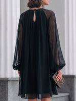 Load image into Gallery viewer, Women's Black Chiffon Mini Dress Balloon Sleeve Embellished Neck Flowing Style