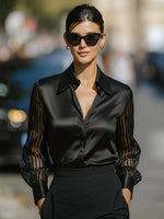 Load image into Gallery viewer, Women's Satin Blouse Collared Button Up Sheer Stripe Sleeve Business Casual Style