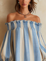 Load image into Gallery viewer, Women's Blue Striped Off Shoulder Mini Dress Puff Sleeve Ruffle Hem