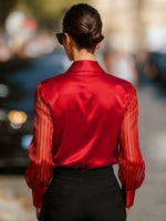 Load image into Gallery viewer, Women's Satin Blouse Collared Button Up Sheer Stripe Sleeve Business Casual Style