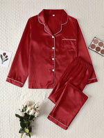 Load image into Gallery viewer, Comfortable Satin Pajamas for Women with Collar Button Front Piping Trim