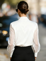 Load image into Gallery viewer, Women's Satin Blouse Collared Button Up Sheer Stripe Sleeve Business Casual Style