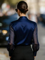 Load image into Gallery viewer, Women's Satin Blouse Collared Button Up Sheer Stripe Sleeve Business Casual Style