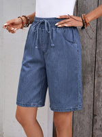 Load image into Gallery viewer, Women's Blue Jean Shorts High Waist Drawstring Pocket Bermuda Style