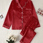 Load image into Gallery viewer, Comfortable Satin Pajamas for Women with Collar Button Front Piping Trim