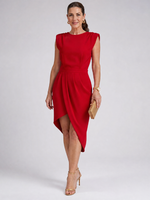 Load image into Gallery viewer, Women's Midi Dress Round Neck Cap Sleeve Shoulder Pad Draped Asymmetric Hem Formal Style