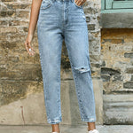 Load image into Gallery viewer, Women's Blue Relaxed Mom Jeans High Waist Distressed Tapered Leg
