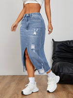 Load image into Gallery viewer, Women's Blue Denim Jean Skirt High Waist Ripped Side Slit a Line Midi Casual Style