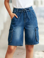 Load image into Gallery viewer, Women's Blue Denim Cargo Jean Shorts High Waist Tie Waist Utility Pockets