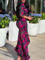 Load image into Gallery viewer, Women's Floral Print Maxi Dress V-Neck Trumpet Sleeve
