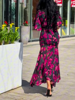 Load image into Gallery viewer, Women's Floral Print Maxi Dress V-Neck Trumpet Sleeve
