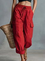 Load image into Gallery viewer, Women's Red Cargo Pants Drawstring Waist Cropped Style