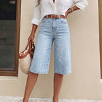 Load image into Gallery viewer, Effortless Light Blue Denim Culotte Jean Shorts for Women with High Waist Wide Leg Cropped Style