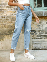 Load image into Gallery viewer, Women's Blue Relaxed Mom Jeans High Waist Distressed Tapered Leg
