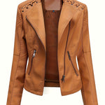 Load image into Gallery viewer, Women's Leather Moto Jacket Notch Lapel Zip Front Studded Shoulder