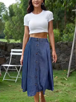 Load image into Gallery viewer, Women's Medium Blue Denim Midi Skirt Button Front a Line Pleated Style