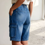 Load image into Gallery viewer, Women's Blue Denim Cargo Jean Shorts High Waist Tie Waist Utility Pockets