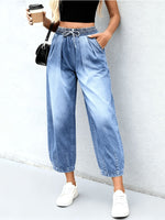 Load image into Gallery viewer, Women's Light Blue Relaxed Barrel Jeans Elastic Waist Drawstring Cuffed Hem