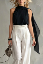 Load image into Gallery viewer, Women's Black Halter Top Draped Cowl Neck Flowy Cape Style