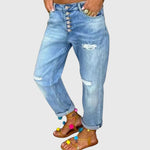 Load image into Gallery viewer, Women's Blue Jeans High Waist Button Fly Distressed Relaxed Boyfriend Mom Jean Style