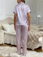 Load image into Gallery viewer, Women's Light Purple Pajamas Satin Stripe Collar Short Sleeve