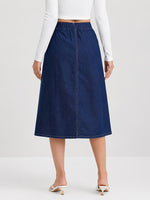 Load image into Gallery viewer, Women's Medium Blue Denim Midi Skirt Button Front a Line Pleated Style