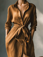 Load image into Gallery viewer, Effortless Brown Shirt Dress for Women with Collar V Neck Tie Waist Long Sleeve Linen Casual Maxi Style