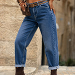 Load image into Gallery viewer, Women's Deep Blue Relaxed Mom Jeans High Waist Cuffed Straight Leg