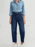 Load image into Gallery viewer, Women's Deep Blue Relaxed Mom Jeans High Waist Barrel Leg Tapered Ankle