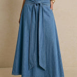 Load image into Gallery viewer, Women's Blue Denim Maxi Skirt Tie Waist a Line Flowing Style