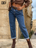 Load image into Gallery viewer, Women's Deep Blue Relaxed Mom Jeans High Waist Cuffed Straight Leg