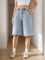 Load image into Gallery viewer, Women's Light Blue Denim Culotte Jean Shorts High Waist Wide Leg Raw Hem